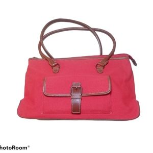 Eddie Bauer red canvas with brown leather bag